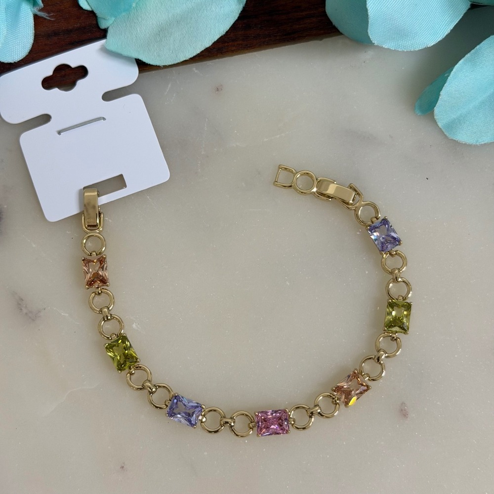 14K Gold Plated XP Multi Color Emerald Link Bracelet Fold Over Clasp 7.5 Inch